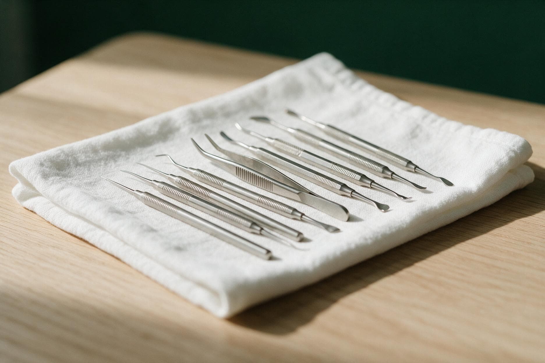 Instrumentos dentários esterilizados dispostos sobre pano branco